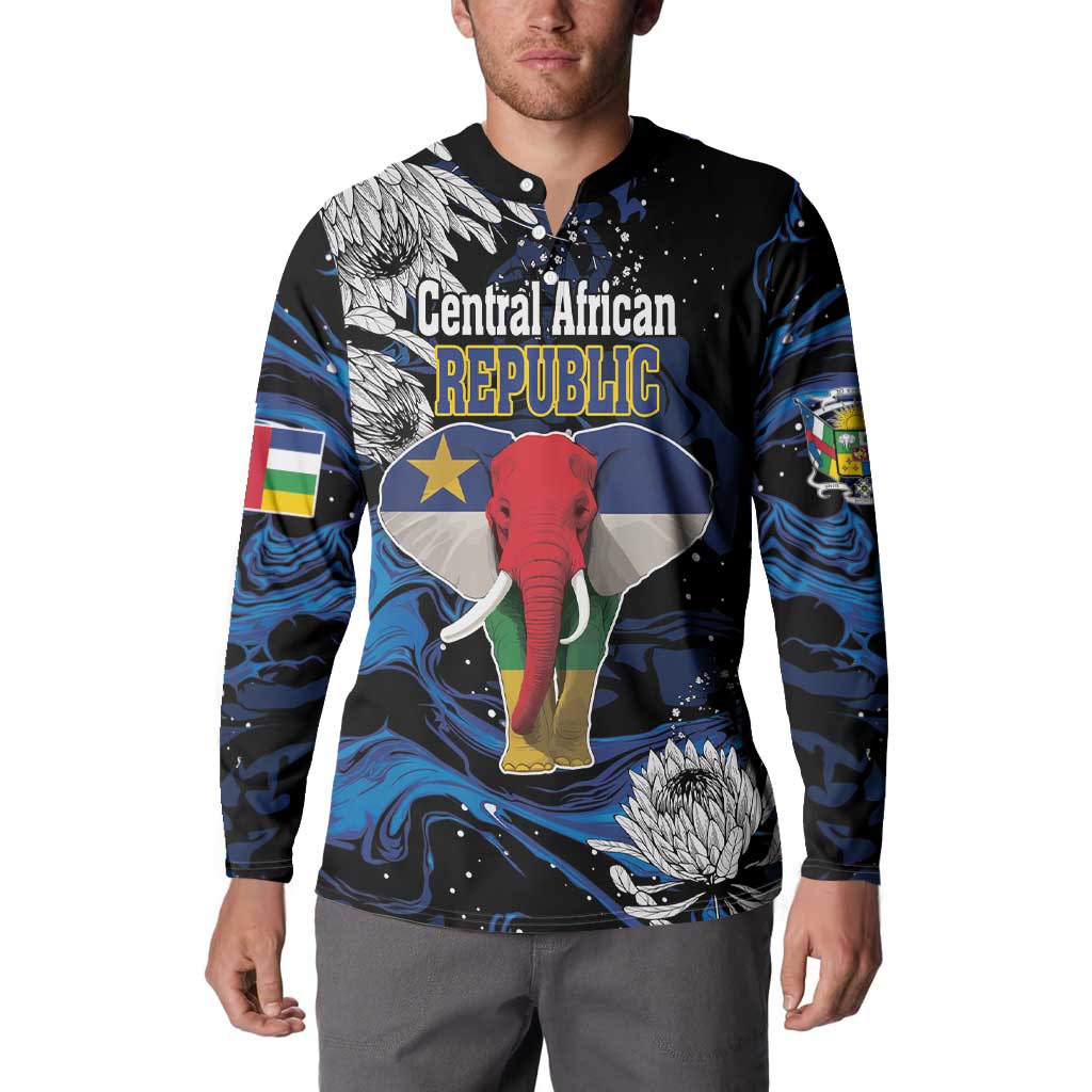 Men's button-front sweatshirt with elephant and protea, Central African Republic front graphic