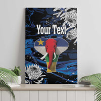Elephant canvas wall art with personalized text, blue wave pattern, and white protea flowers