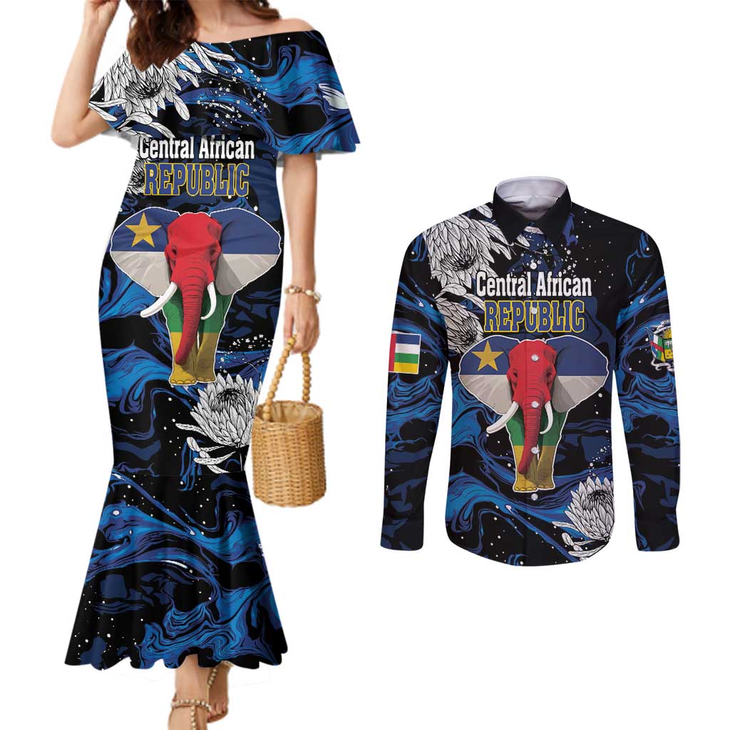 Personalized Central African Republic Elephant Couples Matching Mermaid Dress and Long Sleeve Button Shirt King Protea - Abstract Style