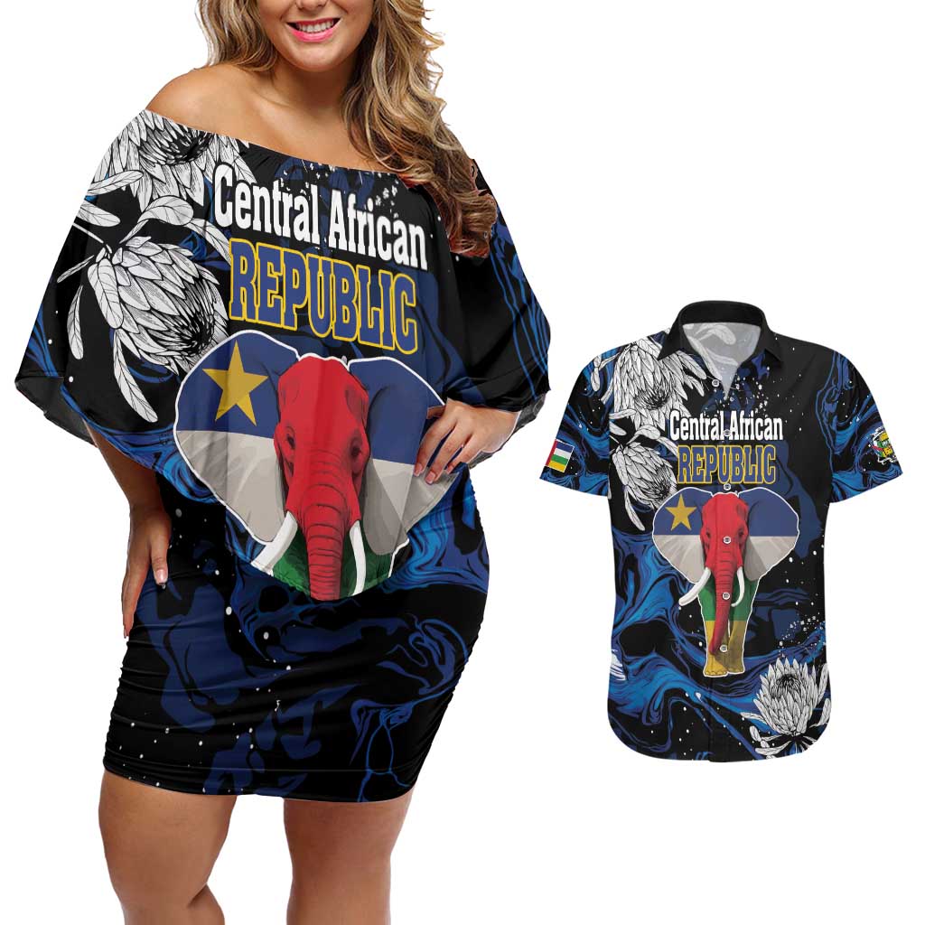 Personalized Central African Republic Elephant Couples Matching Off Shoulder Short Dress and Hawaiian Shirt King Protea - Abstract Style - Wonder Print Shop