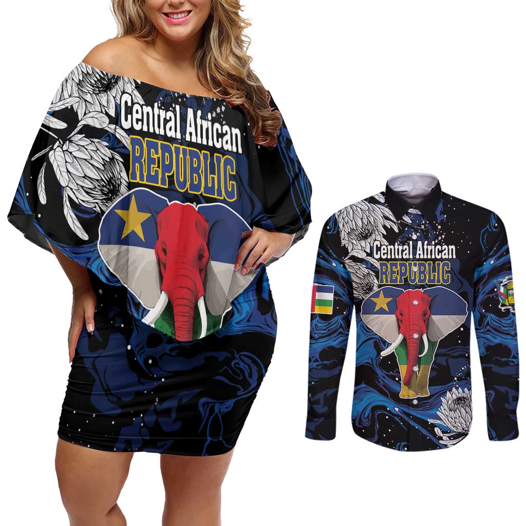 Personalized Central African Republic Elephant Couples Matching Off Shoulder Short Dress and Long Sleeve Button Shirt King Protea - Abstract Style - Wonder Print Shop