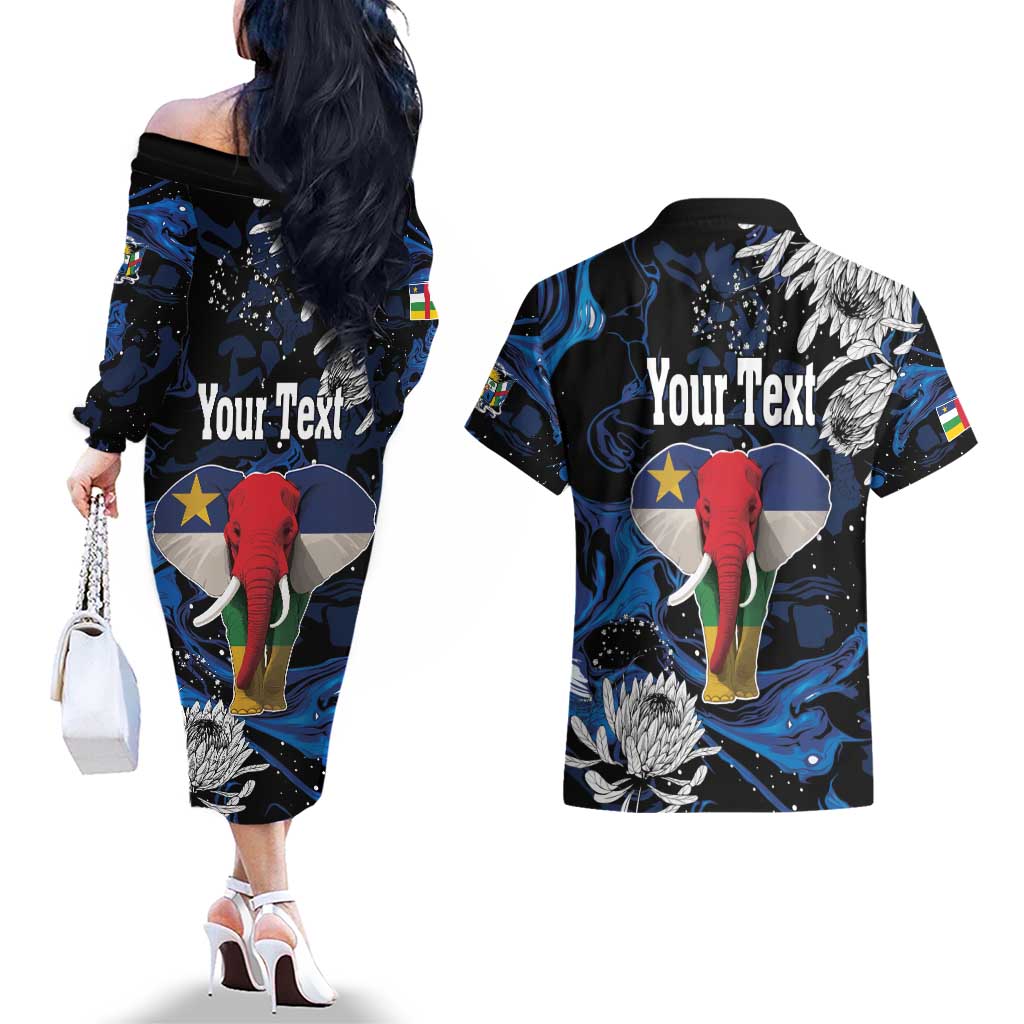 Personalized Central African Republic Elephant Couples Matching Off The Shoulder Long Sleeve Dress and Hawaiian Shirt King Protea - Abstract Style - Wonder Print Shop