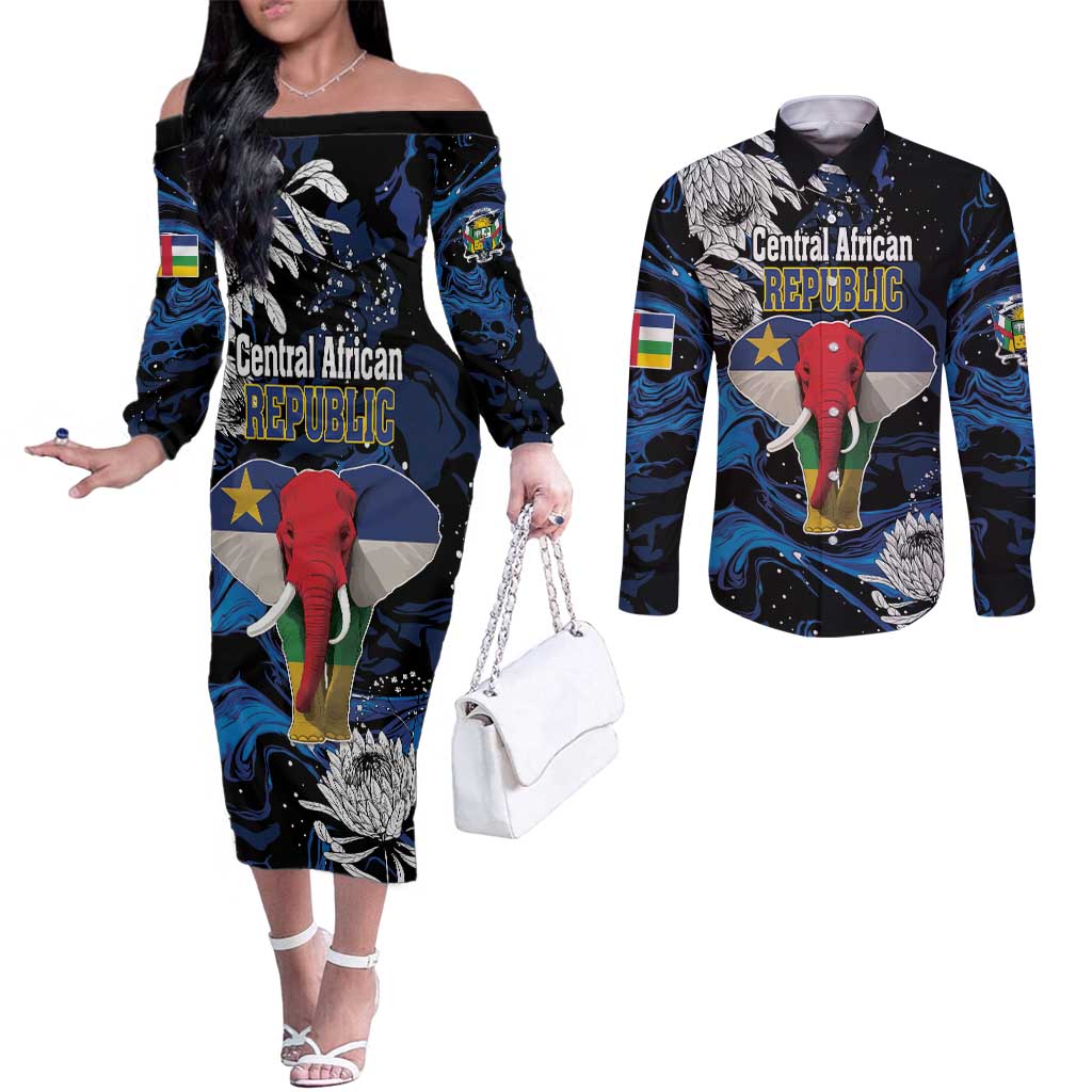 Personalized Central African Republic Elephant Couples Matching Off The Shoulder Long Sleeve Dress and Long Sleeve Button Shirt King Protea - Abstract Style