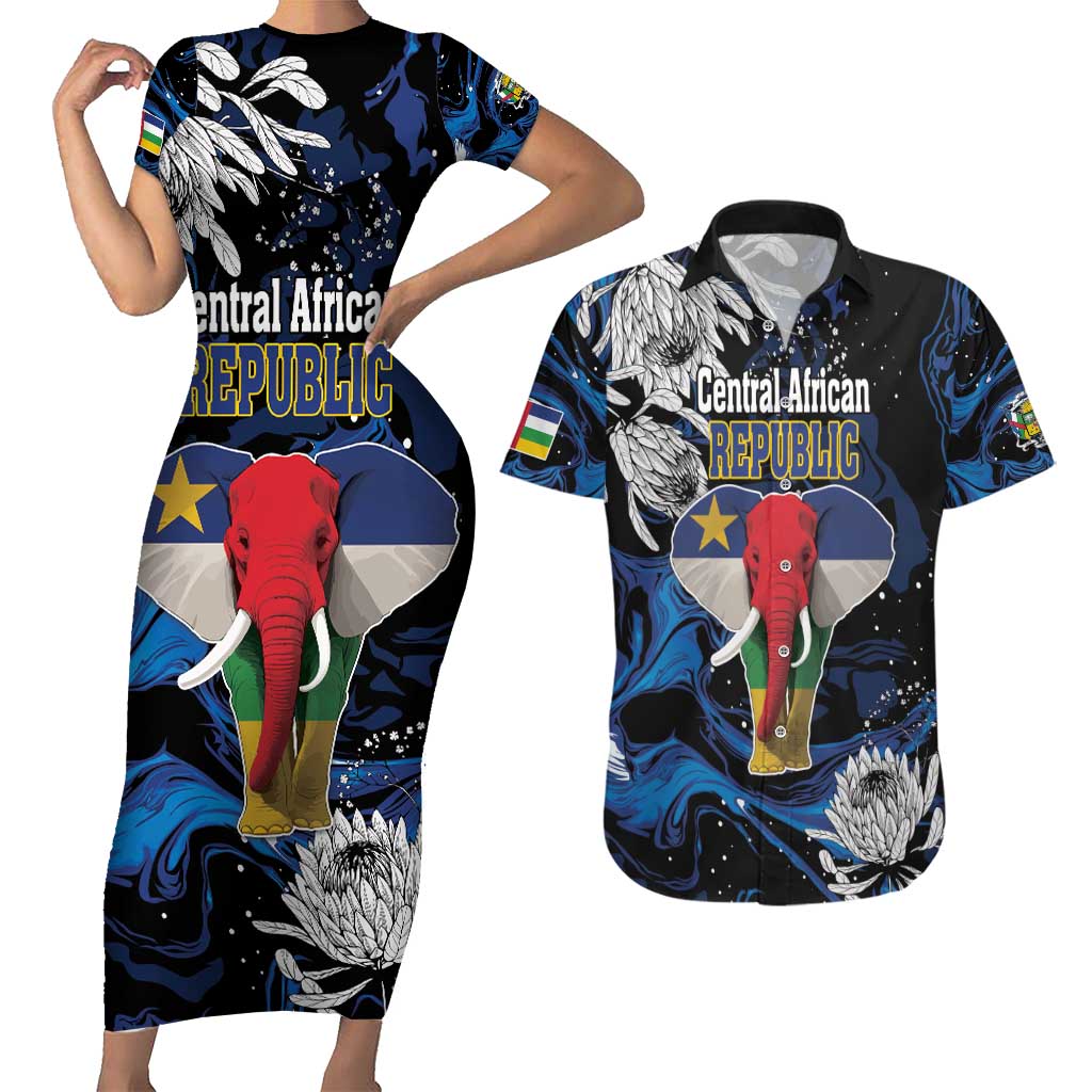 Personalized Central African Republic Elephant Couples Matching Short Sleeve Bodycon Dress and Hawaiian Shirt King Protea - Abstract Style - Wonder Print Shop