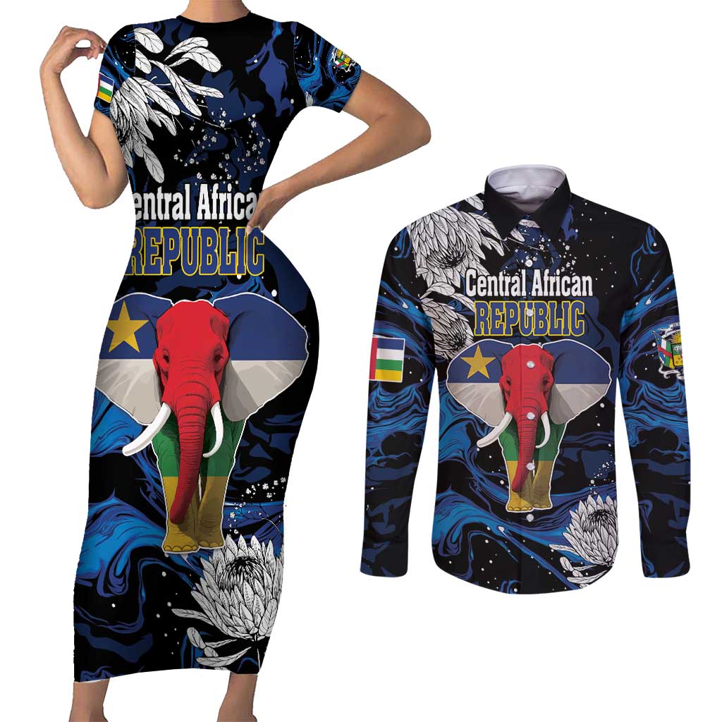 Personalized Central African Republic Elephant Couples Matching Short Sleeve Bodycon Dress and Long Sleeve Button Shirt King Protea - Abstract Style - Wonder Print Shop