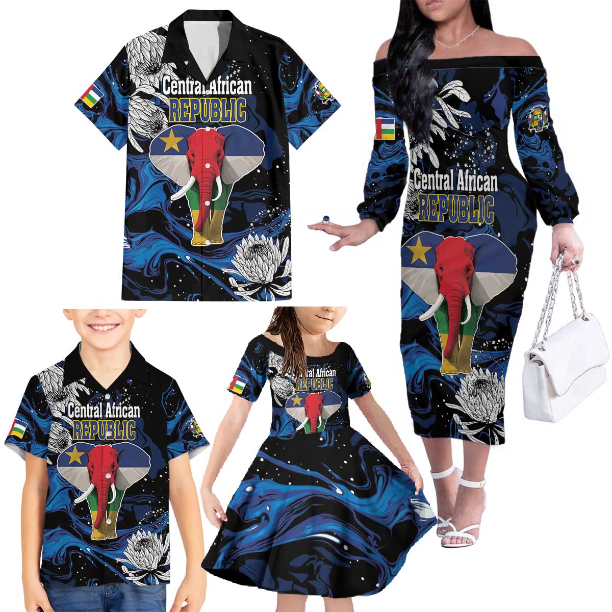 Personalized Central African Republic Elephant Family Matching Off The Shoulder Long Sleeve Dress and Hawaiian Shirt King Protea - Abstract Style - Wonder Print Shop