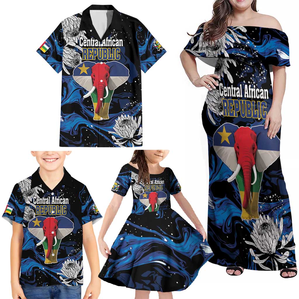 Personalized Central African Republic Elephant Family Matching Off Shoulder Maxi Dress and Hawaiian Shirt King Protea - Abstract Style - Wonder Print Shop