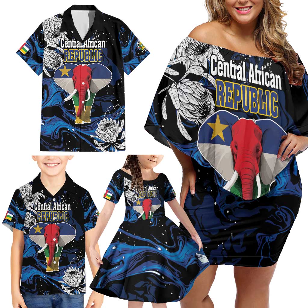 Personalized Central African Republic Elephant Family Matching Off Shoulder Short Dress and Hawaiian Shirt King Protea - Abstract Style - Wonder Print Shop