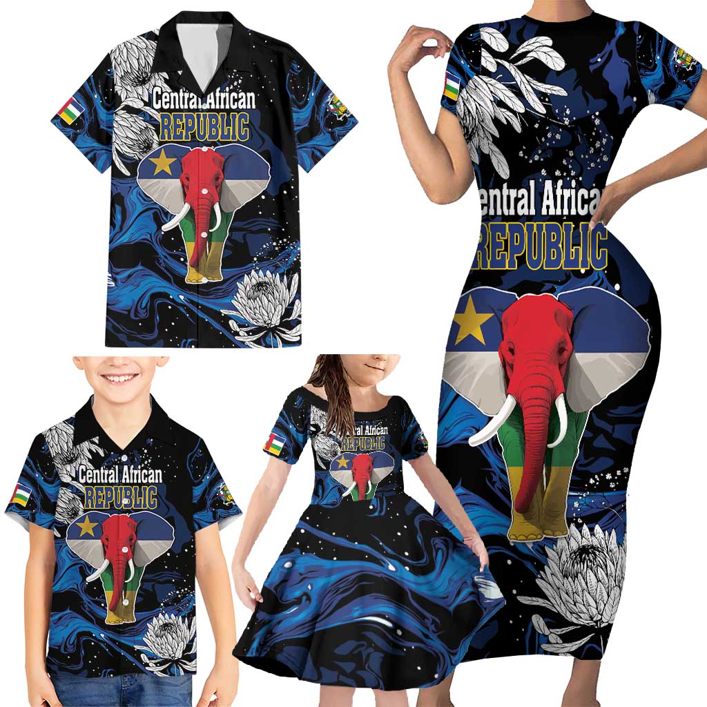 Personalized Central African Republic Elephant Family Matching Short Sleeve Bodycon Dress and Hawaiian Shirt King Protea - Abstract Style - Wonder Print Shop