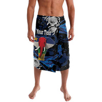 Men's black elephant print board shorts with blue waves and colorful accents