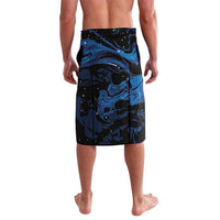 Men's black board shorts with blue abstract swirl pattern