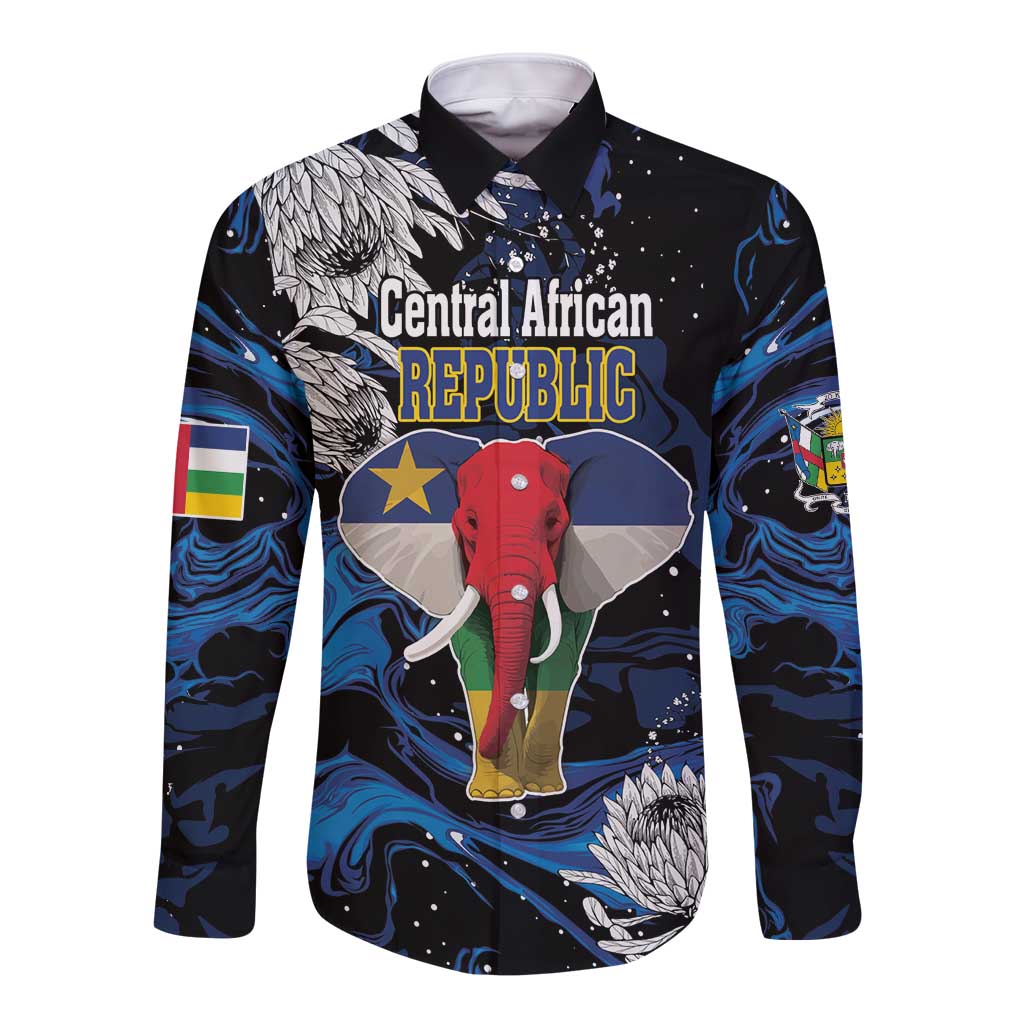 Black long-sleeve button shirt with elephant graphic and Central African Republic text, blue