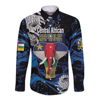 Black long-sleeve button shirt with elephant graphic and Central African Republic text, blue