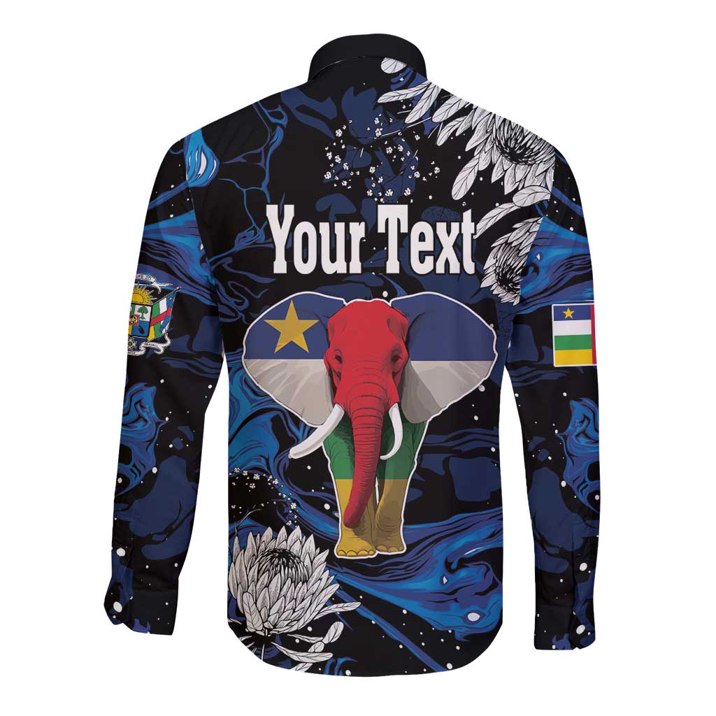 Black long-sleeve button shirt with elephant graphic and Your Text on back, blue swirls