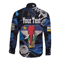 Black long-sleeve button shirt with elephant graphic and Your Text on back, blue swirls