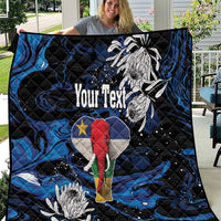 Black and blue elephant quilt with white line art, floral accents, and 'Your Text' print