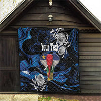 Black and blue quilt hanging on wall, elephant artwork and 'Your Text' centered