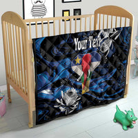 Black and blue crib quilt with elephant artwork, star heart graphic, and 'Your Text'