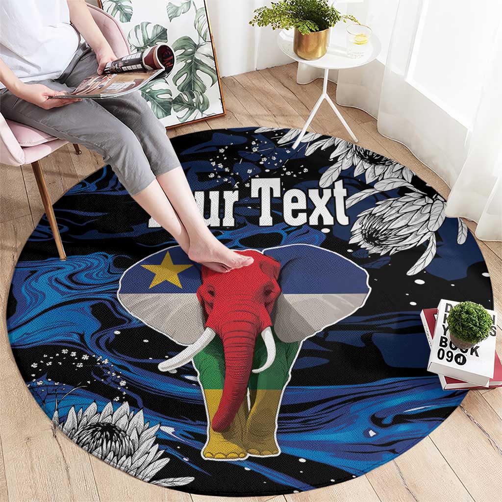 Round elephant area rug with star and wave pattern; large custom text panel in center