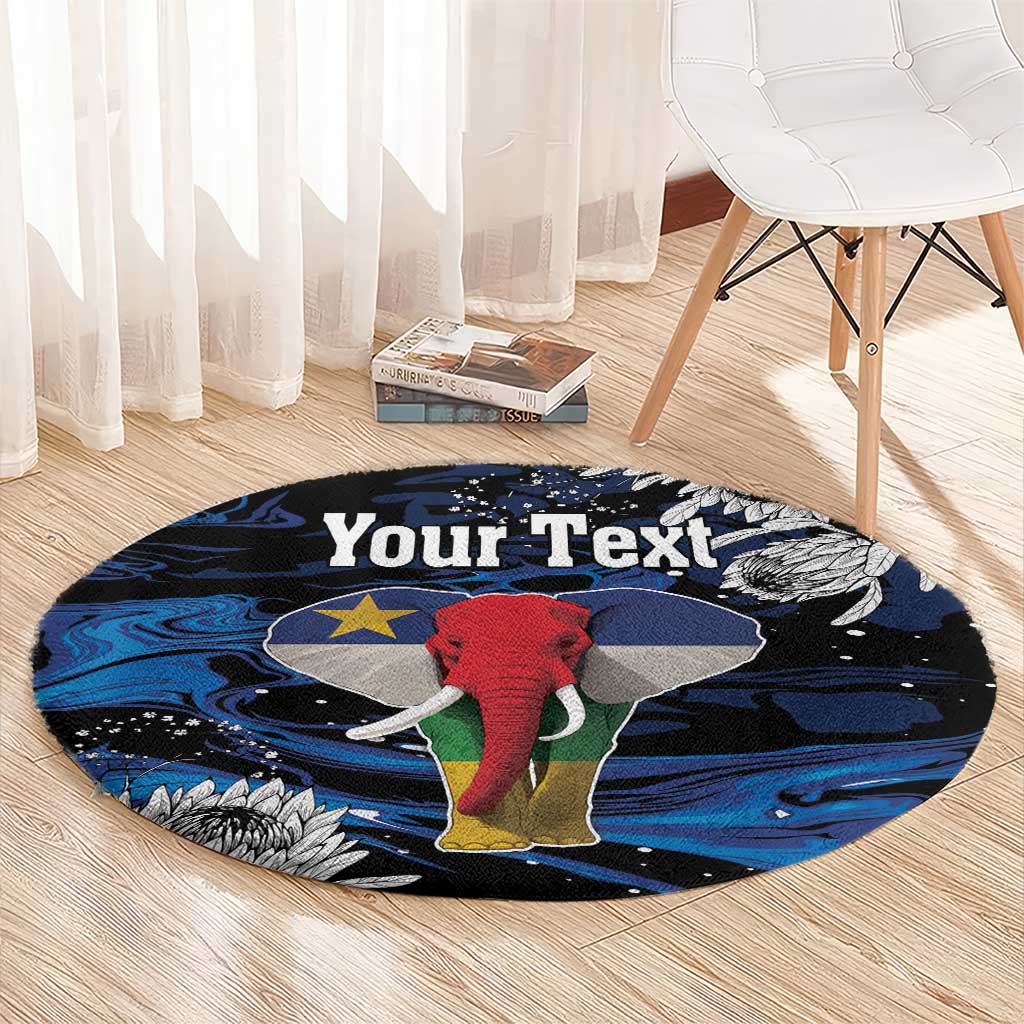 Round elephant graphic rug with blue swirls, red elephant, and yellow feet; custom text