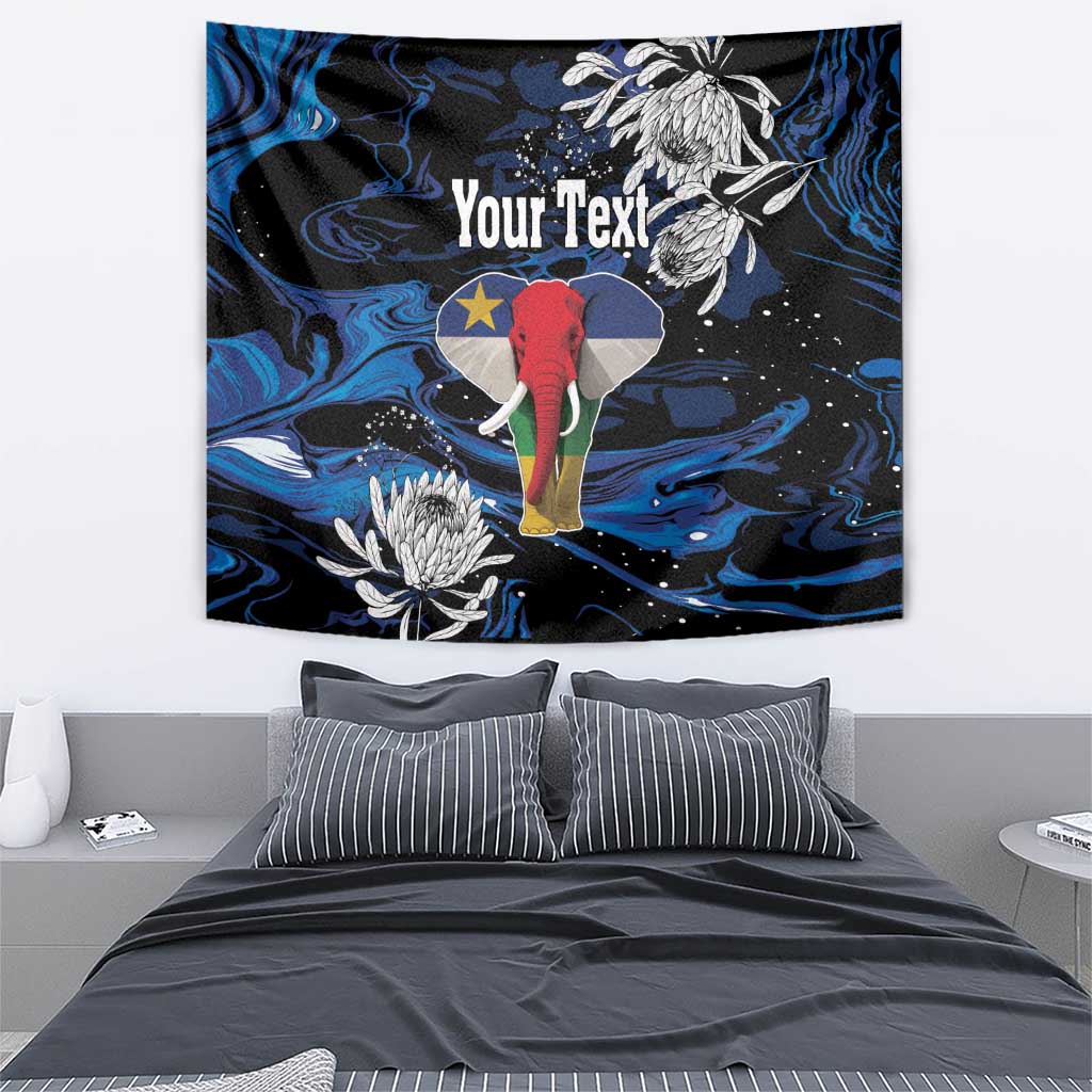 Personalized wall tapestry with red elephant, blue marbled pattern, star, and “Your Text”