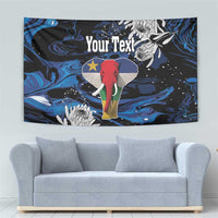Personalized tapestry showing a red elephant and star on blue-black marbling with white flowers