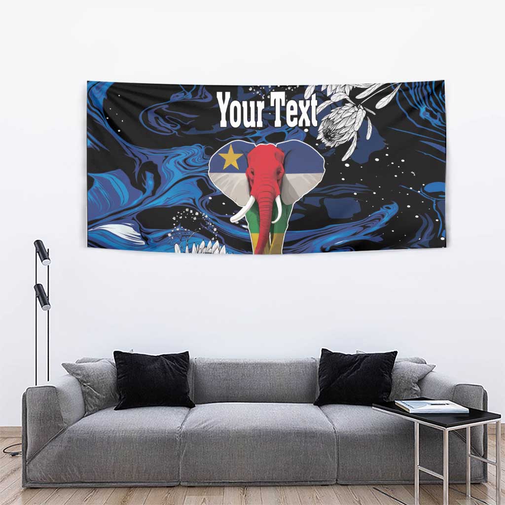 Personalized tapestry with red elephant, blue wave patterns, and white floral details on dark base