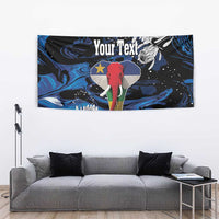 Personalized tapestry with red elephant, blue wave patterns, and white floral details on dark base