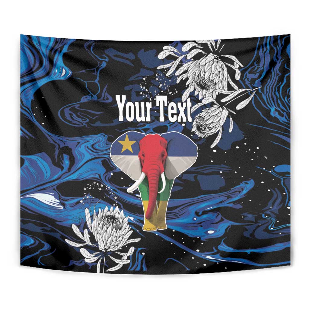 Close view personalized tapestry with “Your Text,” elephant, star, blue marbling, and white blossoms