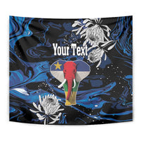 Close view personalized tapestry with “Your Text,” elephant, star, blue marbling, and white blossoms
