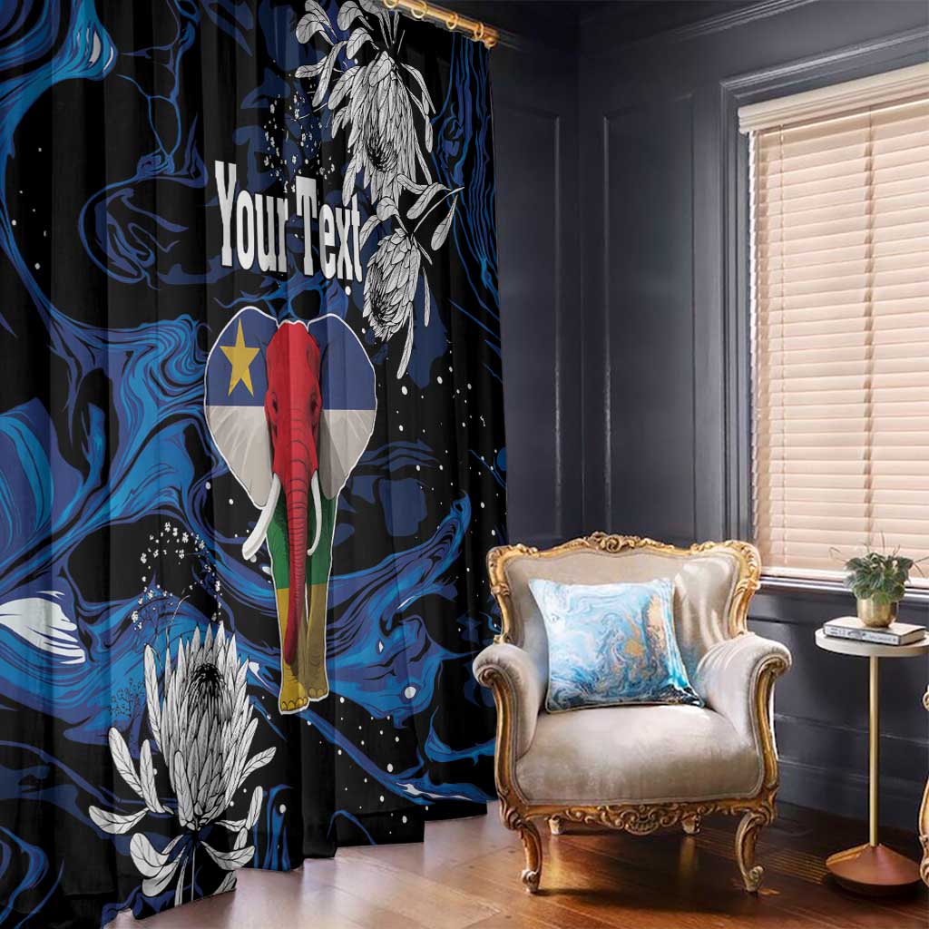 Blue and black elephant window curtain with white floral details and custom text on panel.