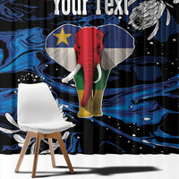 Blue and black elephant window curtain with centered elephant and custom text area, full width.