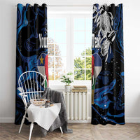 Blue and black elephant curtain panels with hanging header and custom text near center.