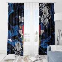Blue and black elephant window curtain pair with custom text area and white floral graphics.