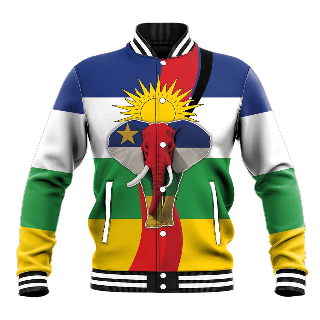 Unisex baseball jacket in blue with green yellow red elephant graphic and striped cuffs