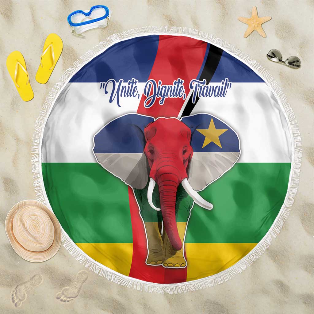 Round beach blanket fringe with CAR flag elephant and "Unite, Dignite, Travail"