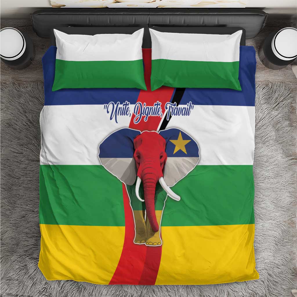 Central African Republic flag bedding set with red elephant center, green blue yellow stripes, 2 pillows