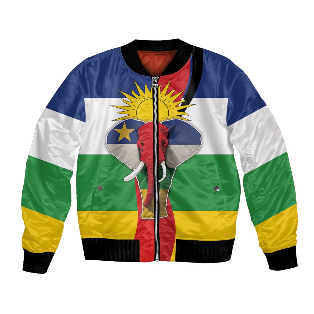 Unisex bomber jacket with central elephant flag graphic, multicolor panels, black rib trim.