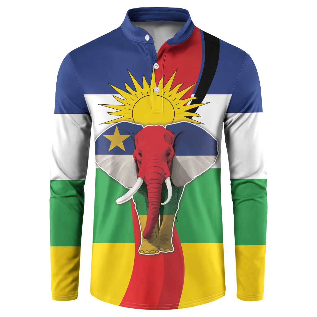 Button sweatshirt with flag-style print, elephant and sun graphic on front