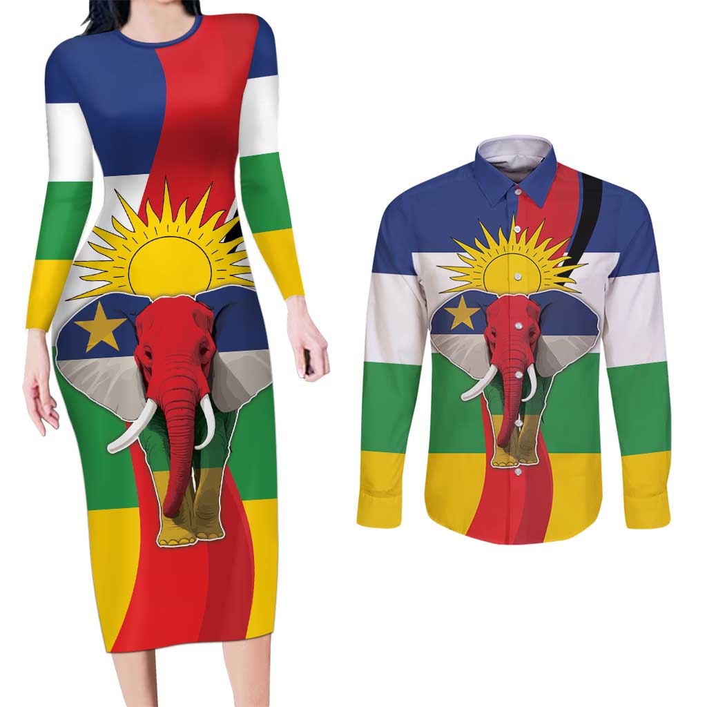 Central African Republic Republic Day 1958 Couples Matching Long Sleeve Bodycon Dress and Long Sleeve Button Shirt Unite, Dignite, Travail - Flag Style - Wonder Print Shop