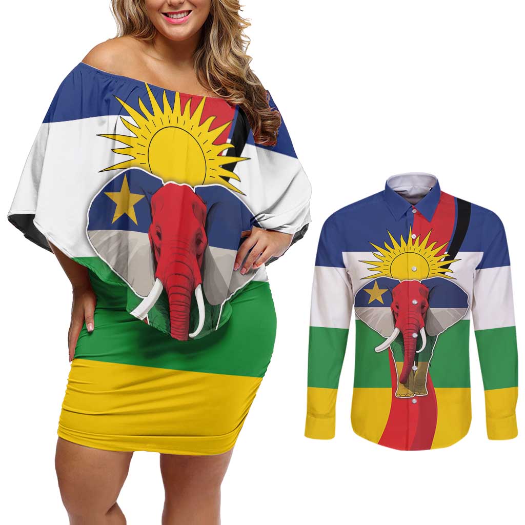 Central African Republic Republic Day 1958 Couples Matching Off Shoulder Short Dress and Long Sleeve Button Shirt Unite, Dignite, Travail - Flag Style - Wonder Print Shop