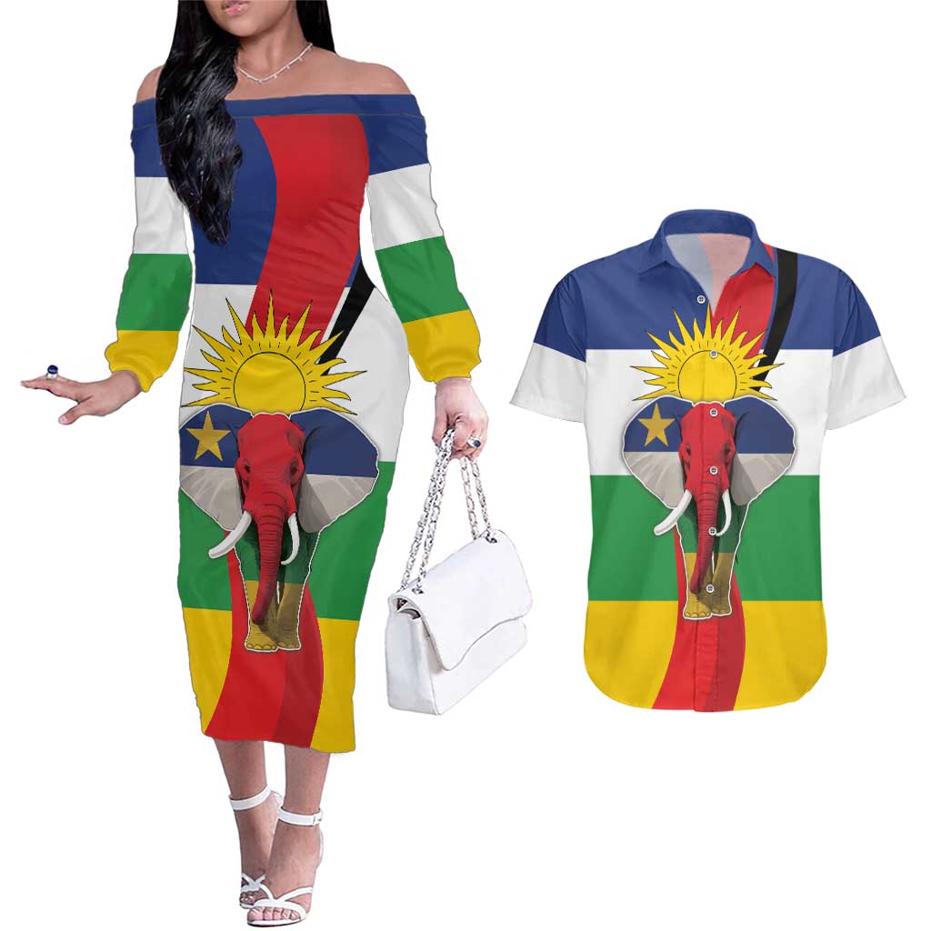 Central African Republic Republic Day 1958 Couples Matching Off The Shoulder Long Sleeve Dress and Hawaiian Shirt Unite, Dignite, Travail - Flag Style - Wonder Print Shop