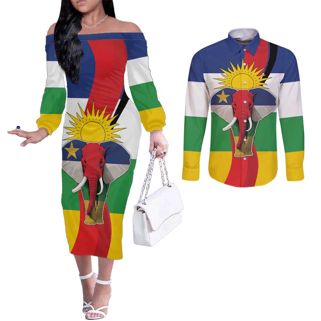 Central African Republic Republic Day 1958 Couples Matching Off The Shoulder Long Sleeve Dress and Long Sleeve Button Shirt Unite, Dignite, Travail - Flag Style