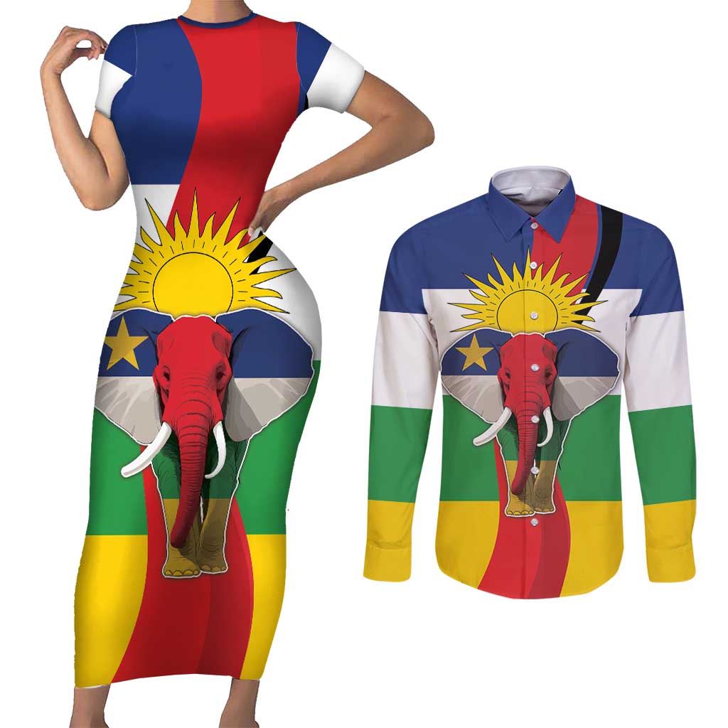 Central African Republic Republic Day 1958 Couples Matching Short Sleeve Bodycon Dress and Long Sleeve Button Shirt Unite, Dignite, Travail - Flag Style - Wonder Print Shop