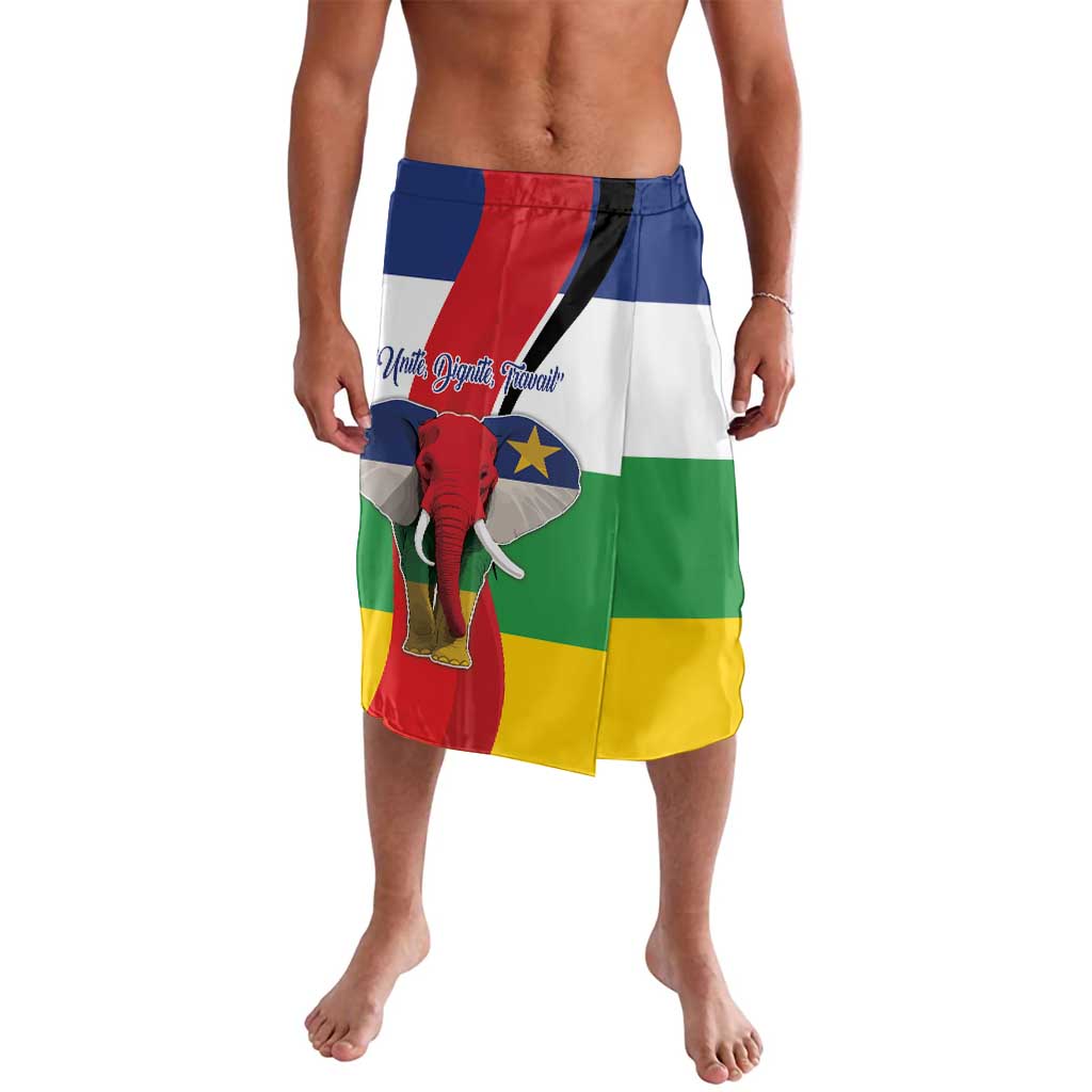 Flag-style lavalava shorts with Central African Republic flag colors and elephant graphic