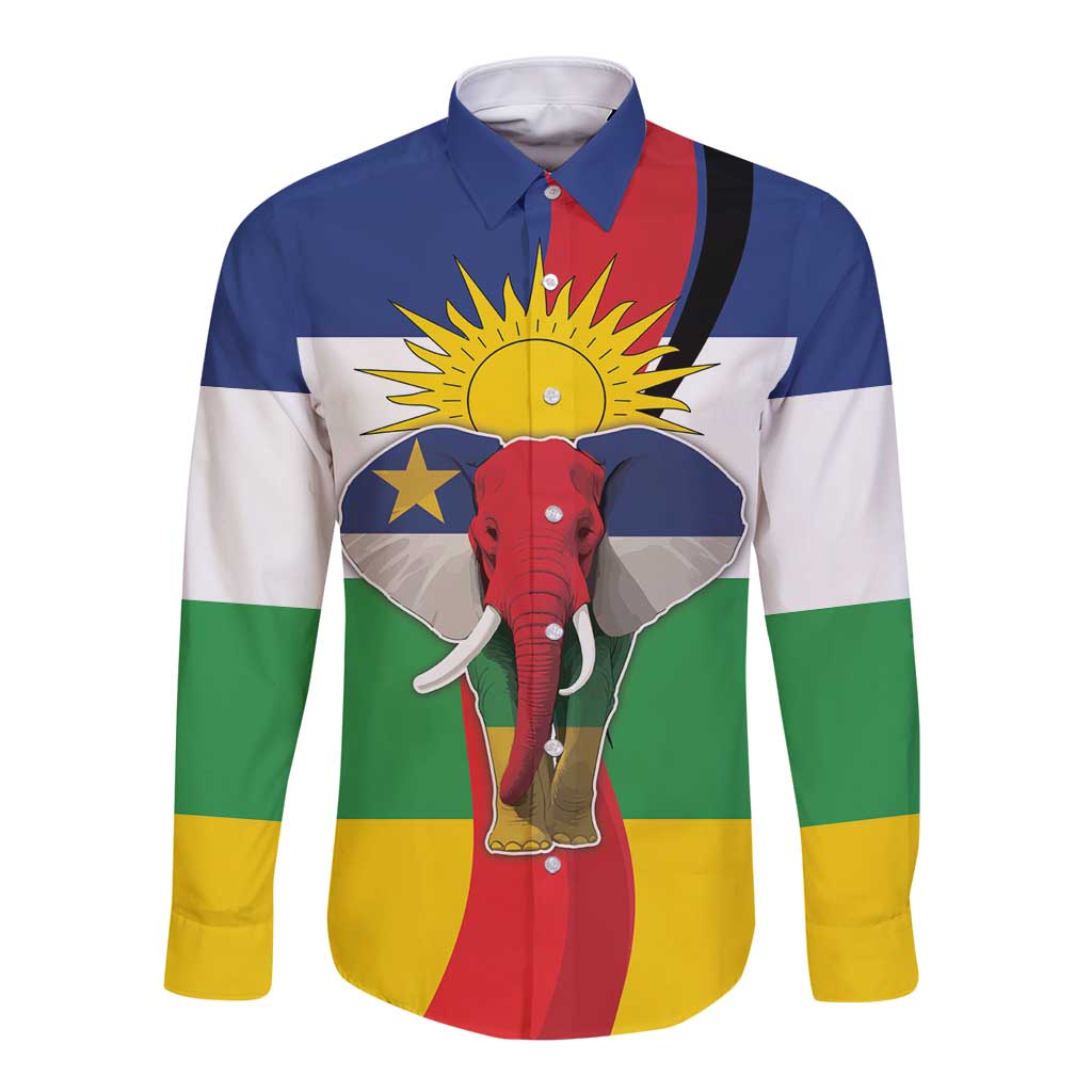 Blue long-sleeve button shirt with Central African flag elephant graphic, front