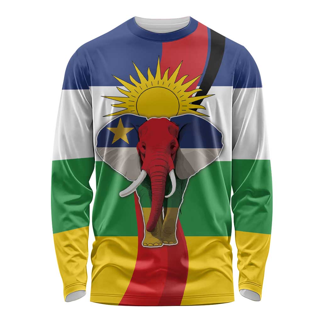 Flag-style long-sleeve shirt with elephant, sun, and tricolor panels (blue, white, green, yellow).