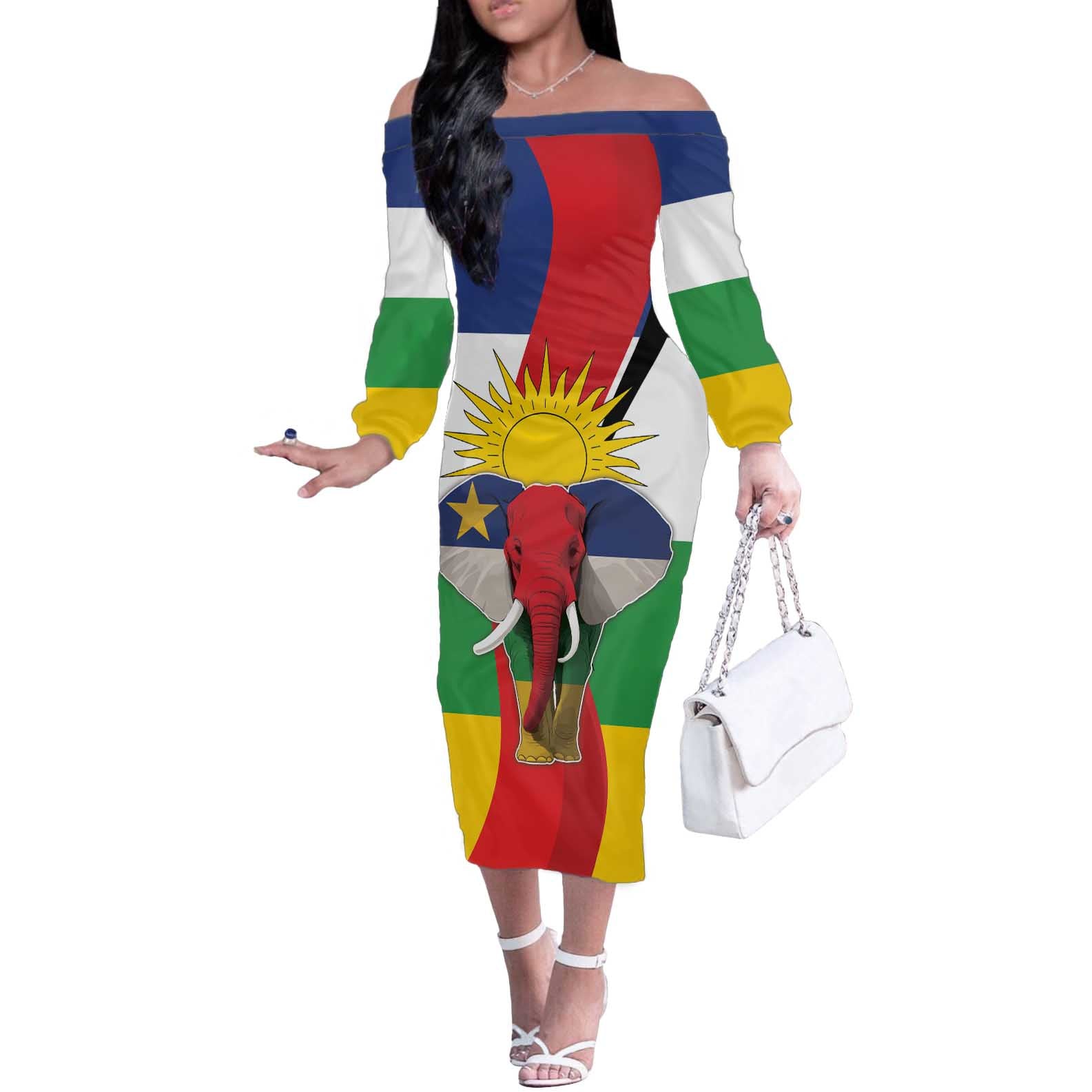 Central African Republic Republic Day 1958 Off The Shoulder Long Sleeve Dress Unite, Dignite, Travail - Flag Style - Wonder Print Shop