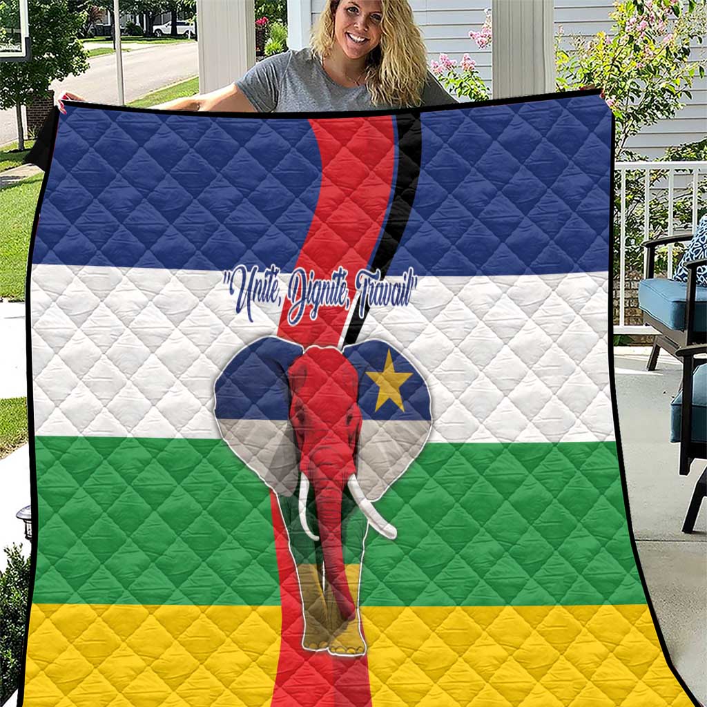 Quilt with Central African Republic flag pattern and red elephant center on blue, white, green, yellow