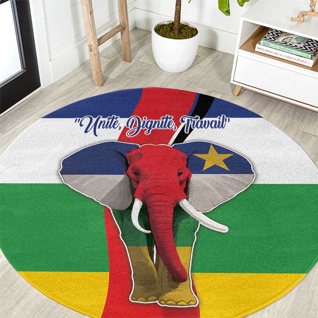 Round carpet with red elephant graphic and 'Unite, Dignite, Travail' banner